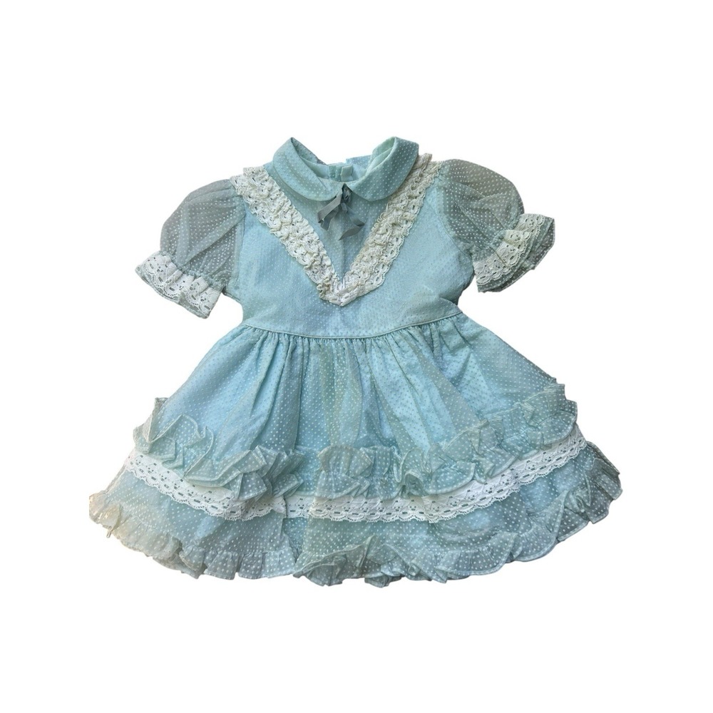 Martha's Miniatures Dress Mint Green Blue Flocked Dots Ruffle Vintage Sz 3T WOW